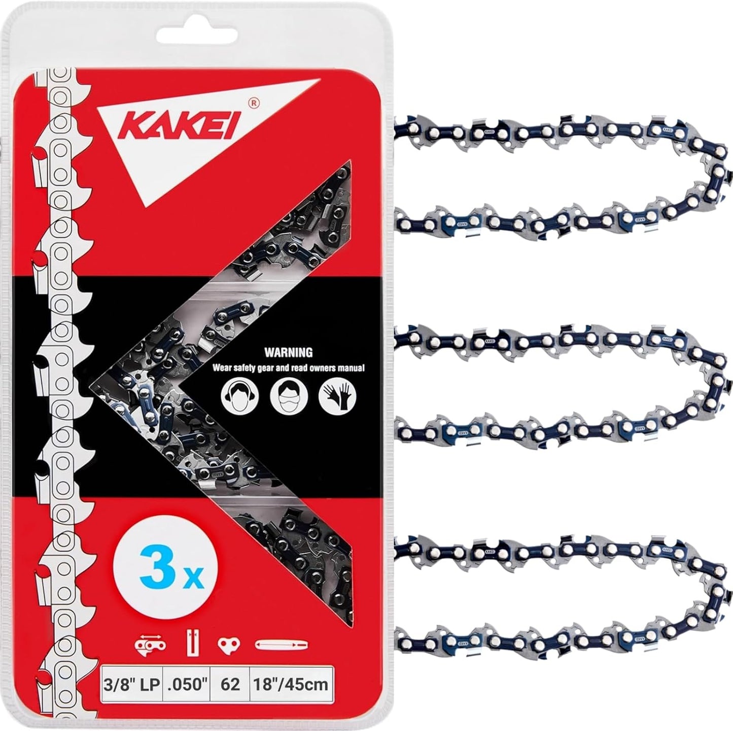 KAKEI 18 Inch Chainsaw Chain 3/8" LP Pitch .050" Gauge 62 Drive Links Fits Poulan, Kobalt, Echo, Ego, Greenworks and More- S62 (3 Chains) - Semi Chisel